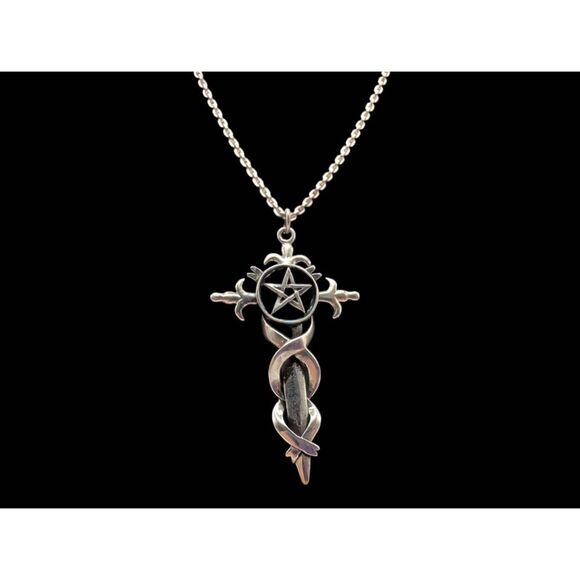 VintagePentagram Sword Cross Sterling Silver Pendant Necklace Cable Chain - Picture 2 of 8